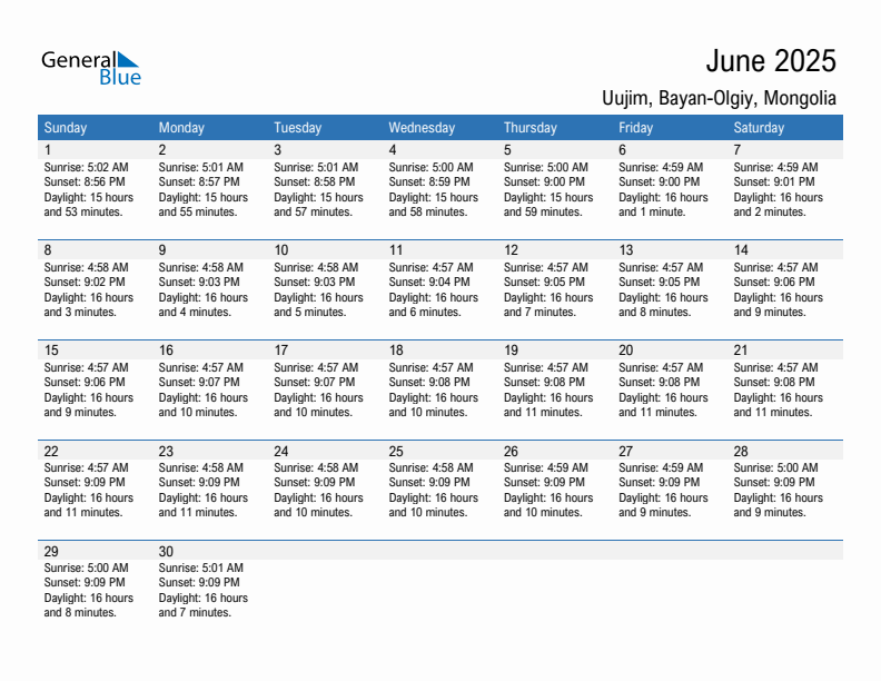 Uujim June 2025 sunrise and sunset calendar in PDF, Excel, and Word