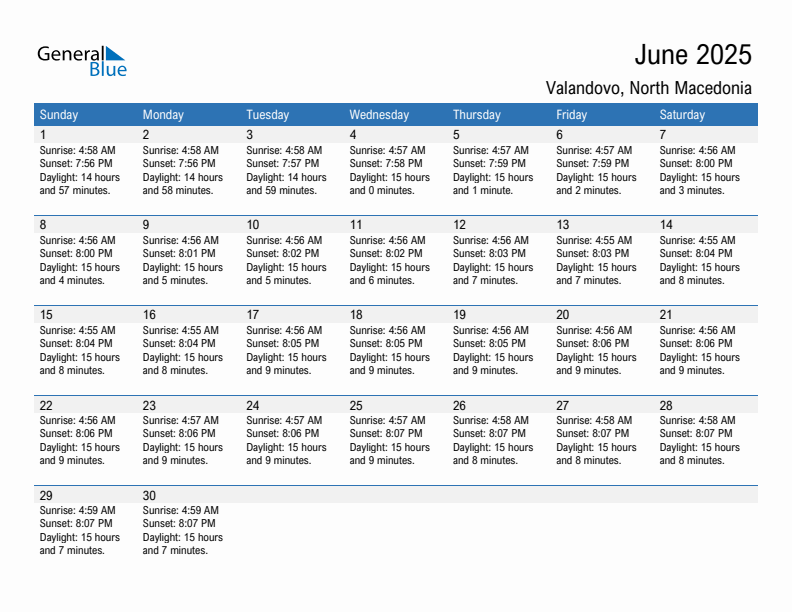 Valandovo June 2025 sunrise and sunset calendar in PDF, Excel, and Word
