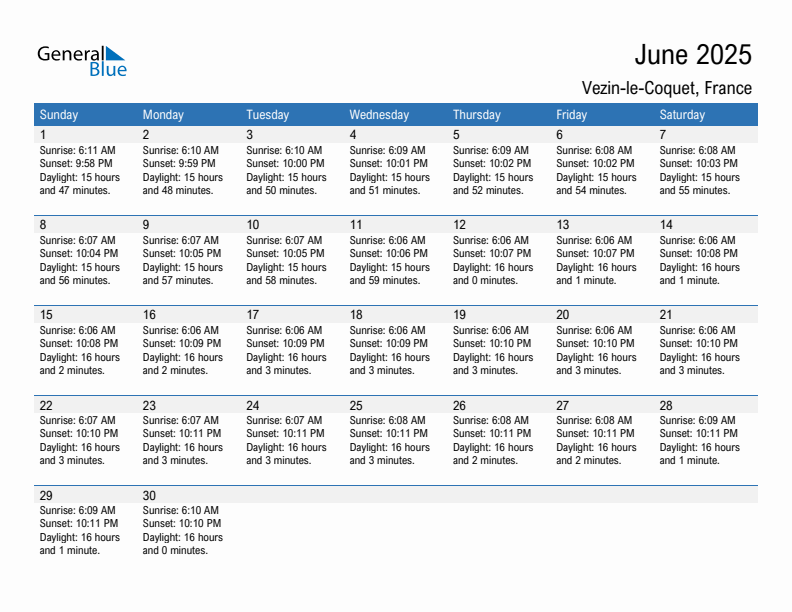 Vezin-le-Coquet June 2025 sunrise and sunset calendar in PDF, Excel, and Word