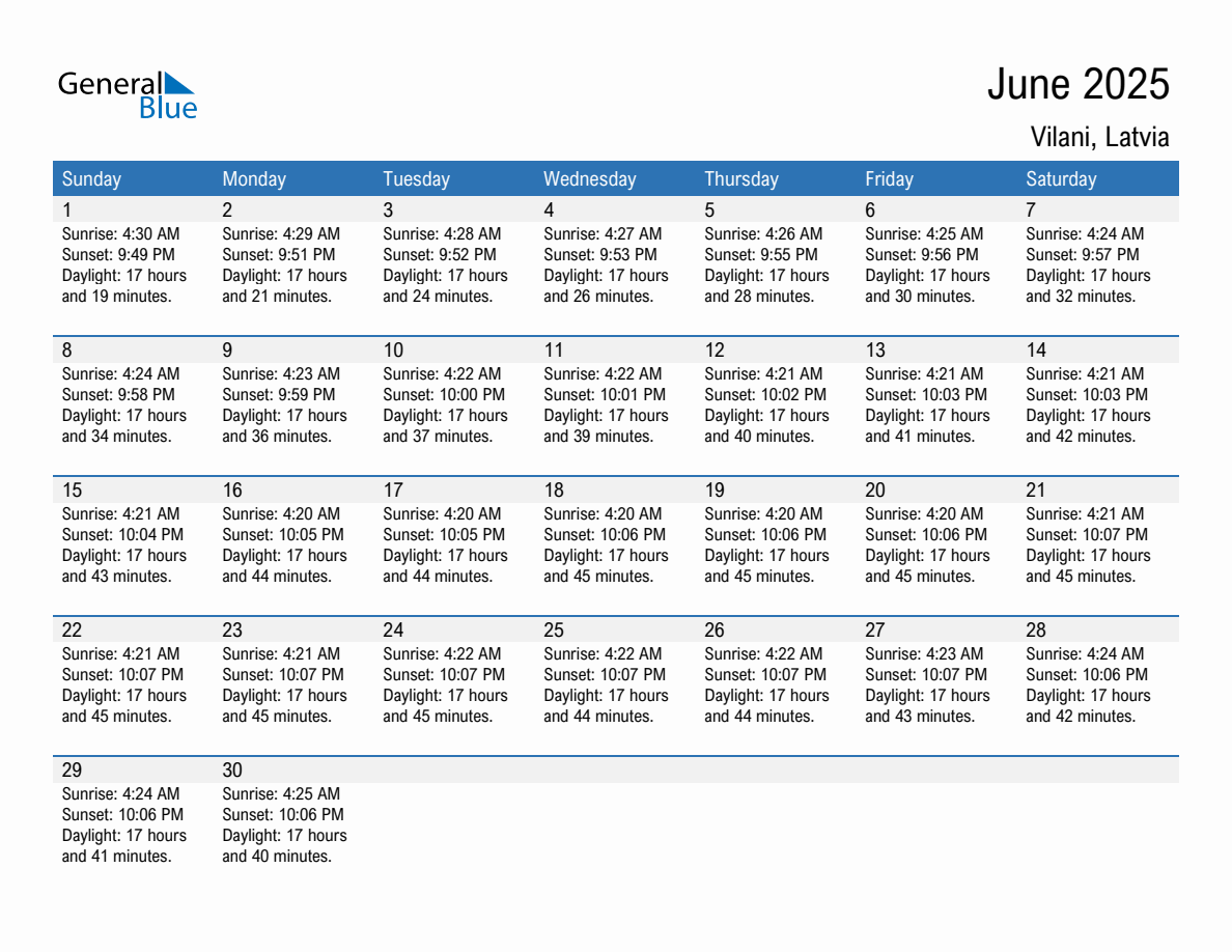 June 2025 sunrise and sunset calendar for Vilani