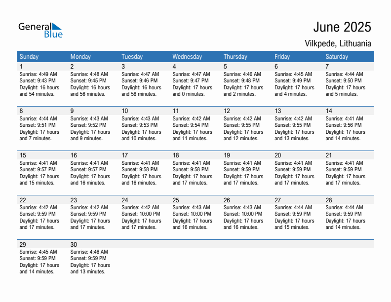 Vilkpede June 2025 sunrise and sunset calendar in PDF, Excel, and Word