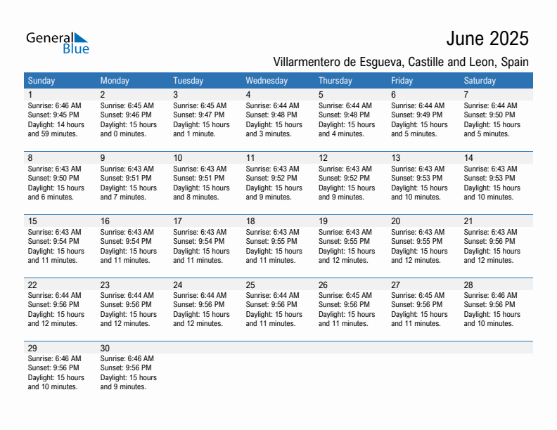 Villarmentero de Esgueva June 2025 sunrise and sunset calendar in PDF, Excel, and Word