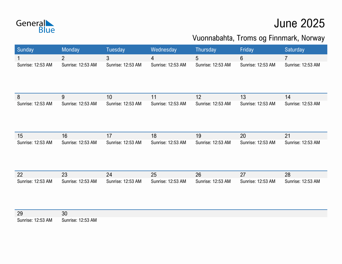 June 2025 sunrise and sunset calendar for Vuonnabahta