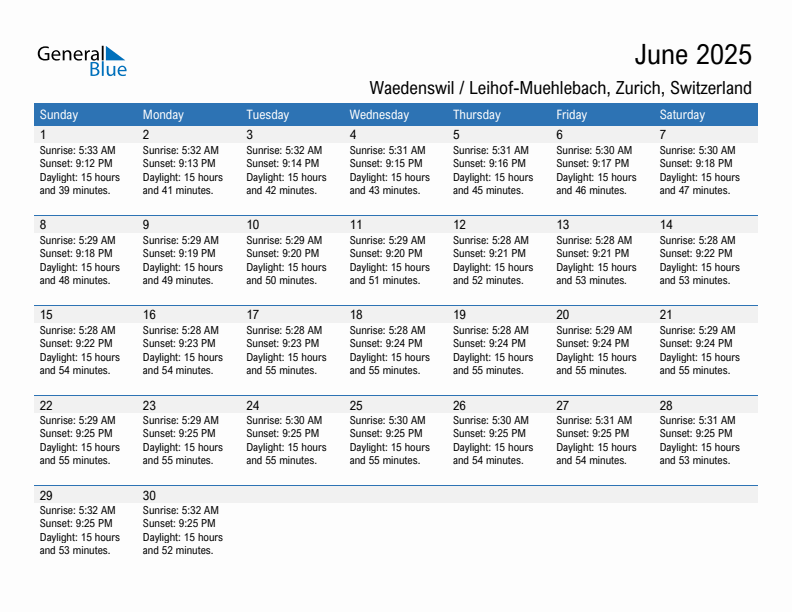 Waedenswil / Leihof-Muehlebach June 2025 sunrise and sunset calendar in PDF, Excel, and Word