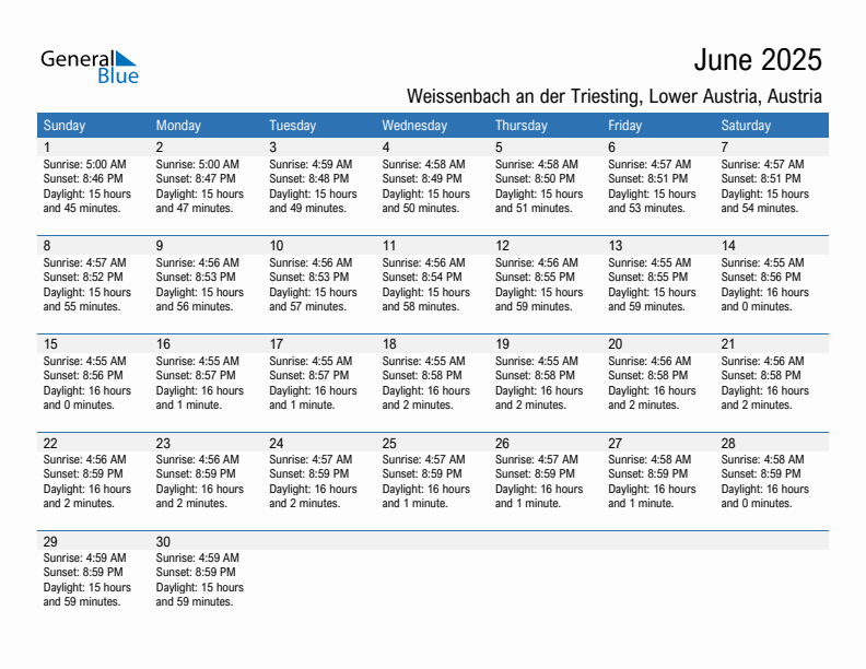 Weissenbach an der Triesting June 2025 sunrise and sunset calendar in PDF, Excel, and Word