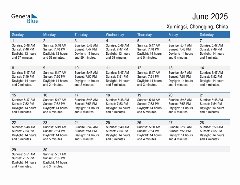 Xumingsi June 2025 sunrise and sunset calendar in PDF, Excel, and Word