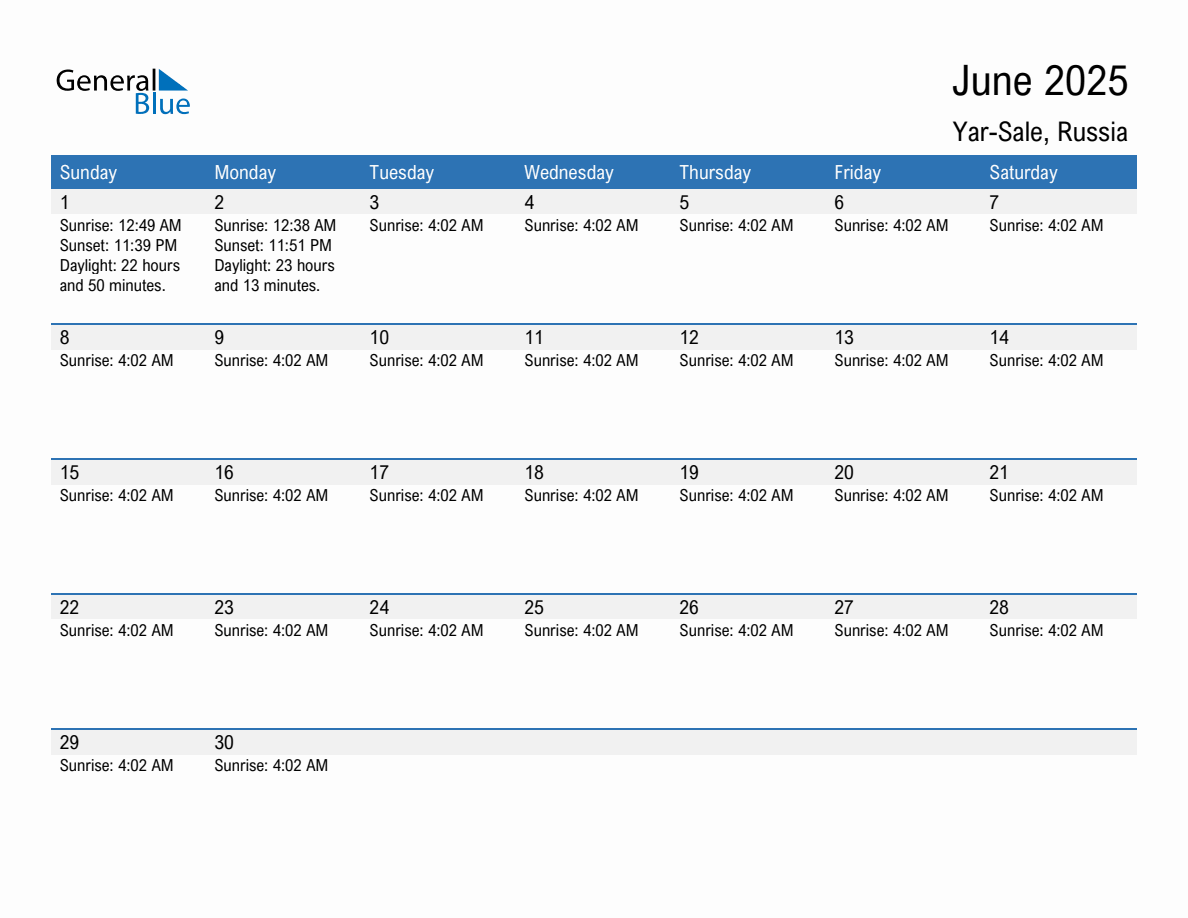 June 2025 sunrise and sunset calendar for Yar-Sale