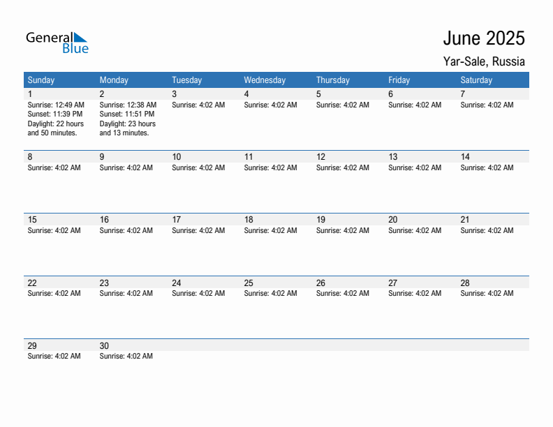 Yar-Sale June 2025 sunrise and sunset calendar in PDF, Excel, and Word
