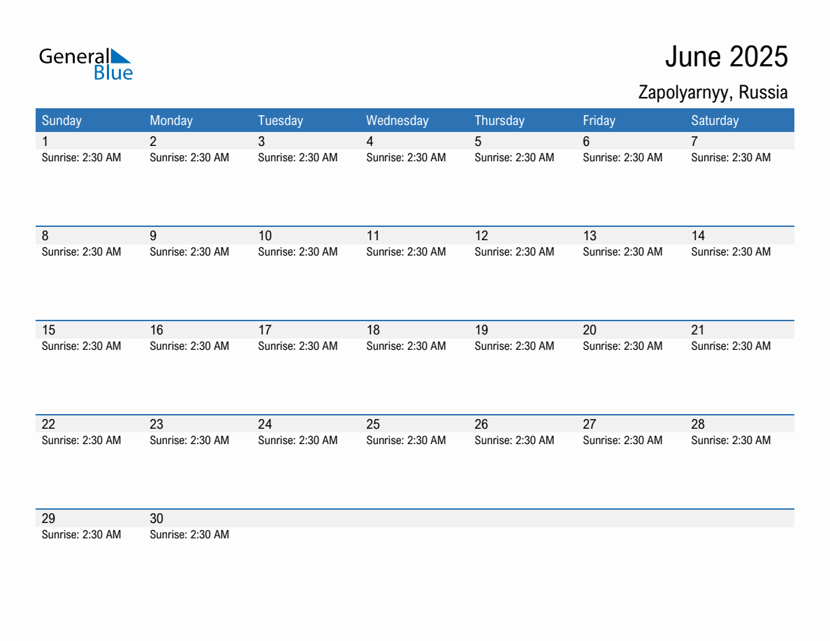 June 2025 sunrise and sunset calendar for Zapolyarnyy