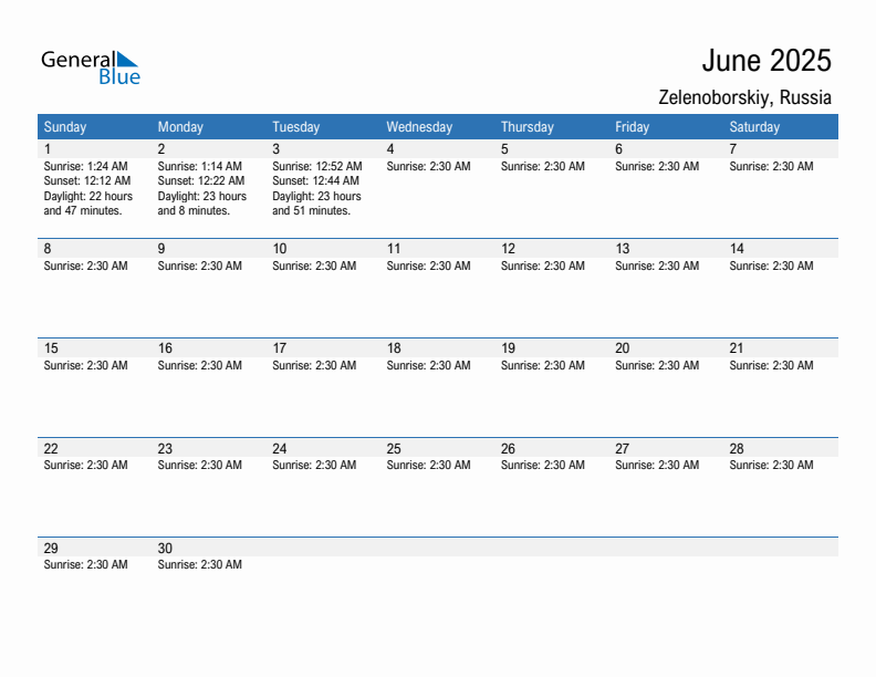 Zelenoborskiy June 2025 sunrise and sunset calendar in PDF, Excel, and Word
