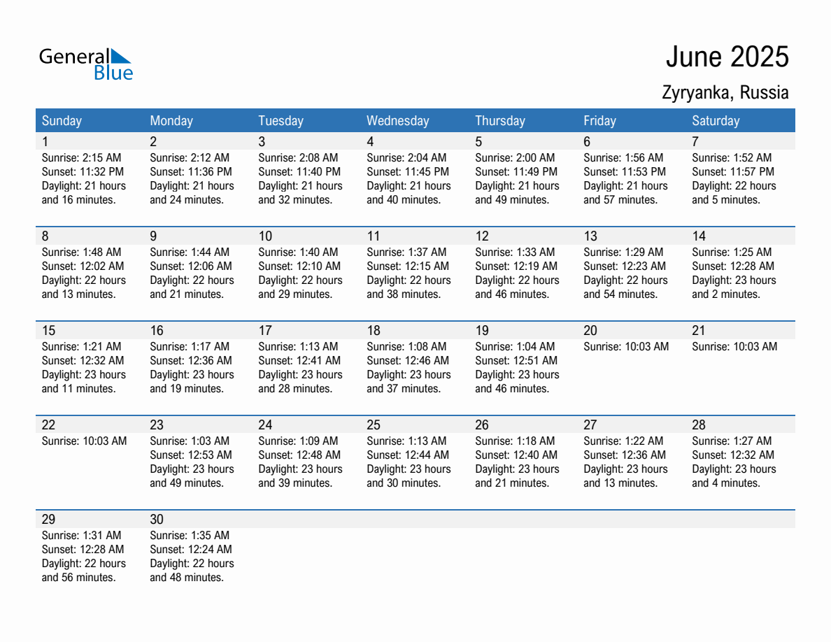 June 2025 sunrise and sunset calendar for Zyryanka