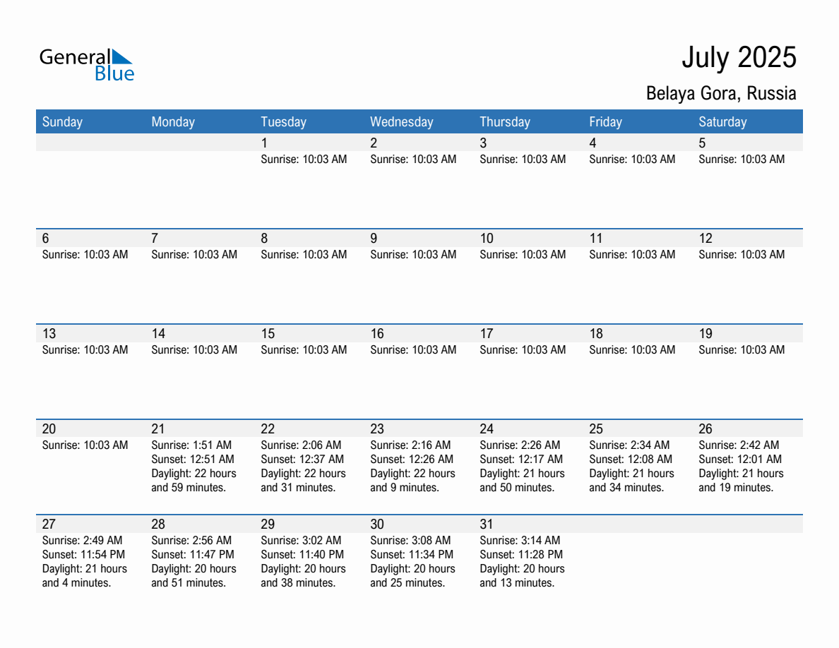 July 2025 sunrise and sunset calendar for Belaya Gora