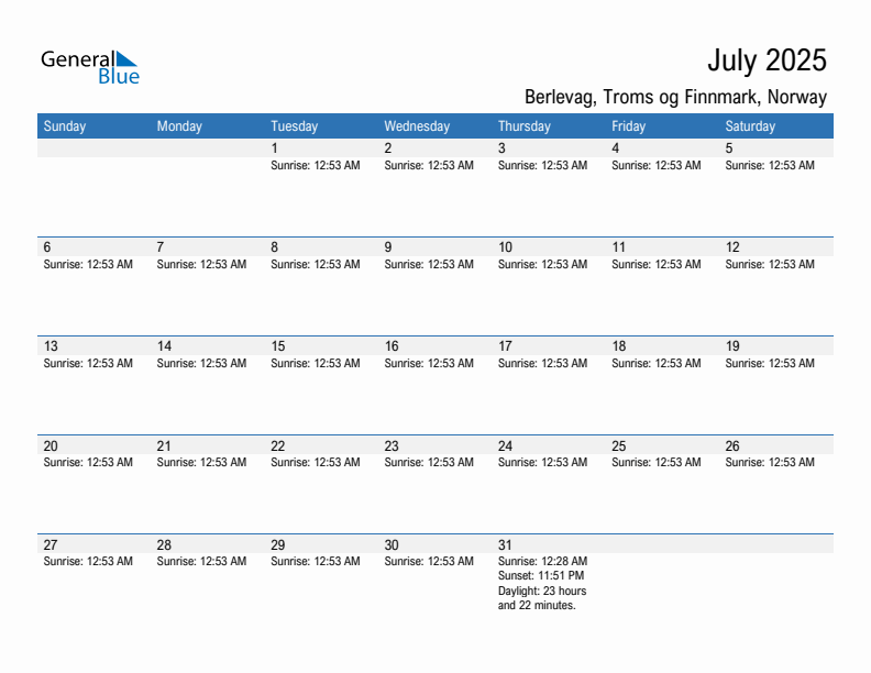 Berlevag July 2025 sunrise and sunset calendar in PDF, Excel, and Word