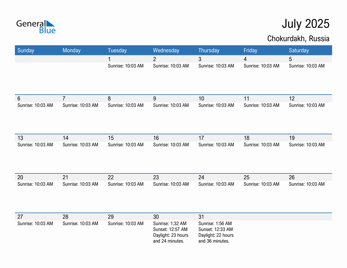 July 2025 sunrise and sunset calendar for Chokurdakh