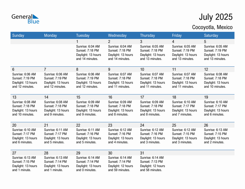 Cocoyotla July 2025 sunrise and sunset calendar in PDF, Excel, and Word