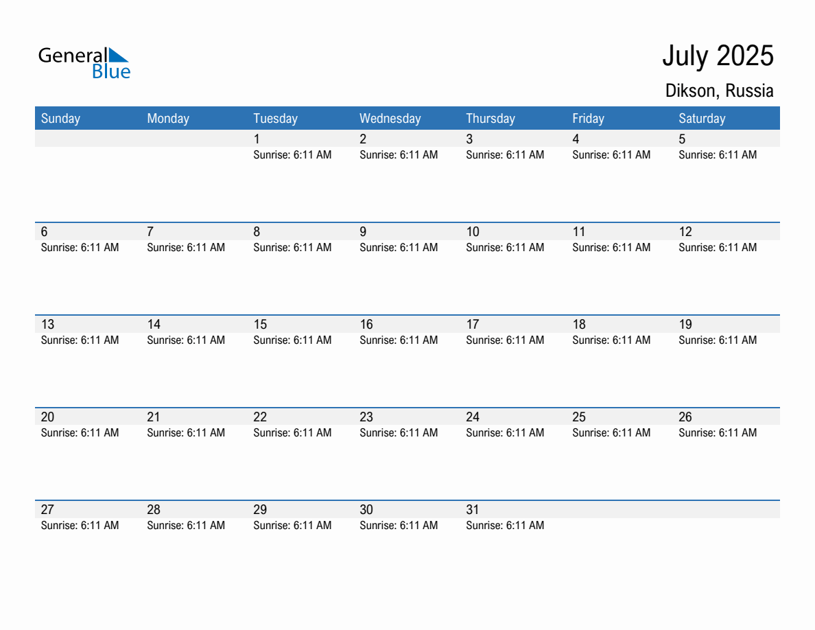 July 2025 sunrise and sunset calendar for Dikson
