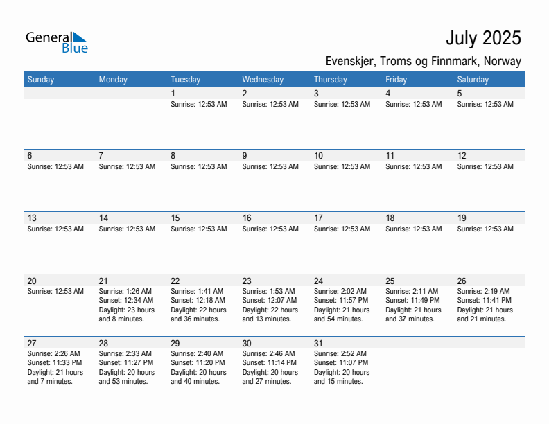 Evenskjer July 2025 sunrise and sunset calendar in PDF, Excel, and Word