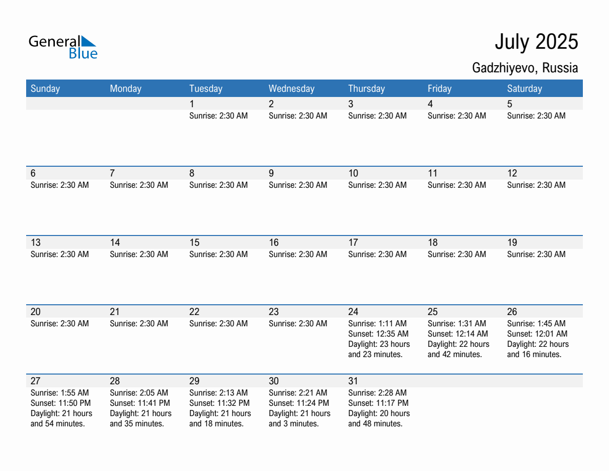 July 2025 sunrise and sunset calendar for Gadzhiyevo