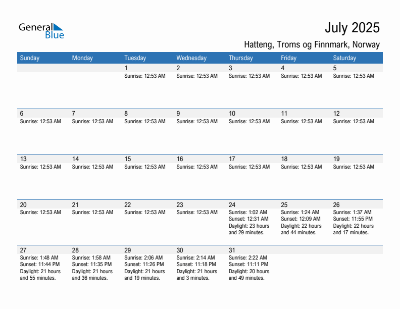 Hatteng July 2025 sunrise and sunset calendar in PDF, Excel, and Word