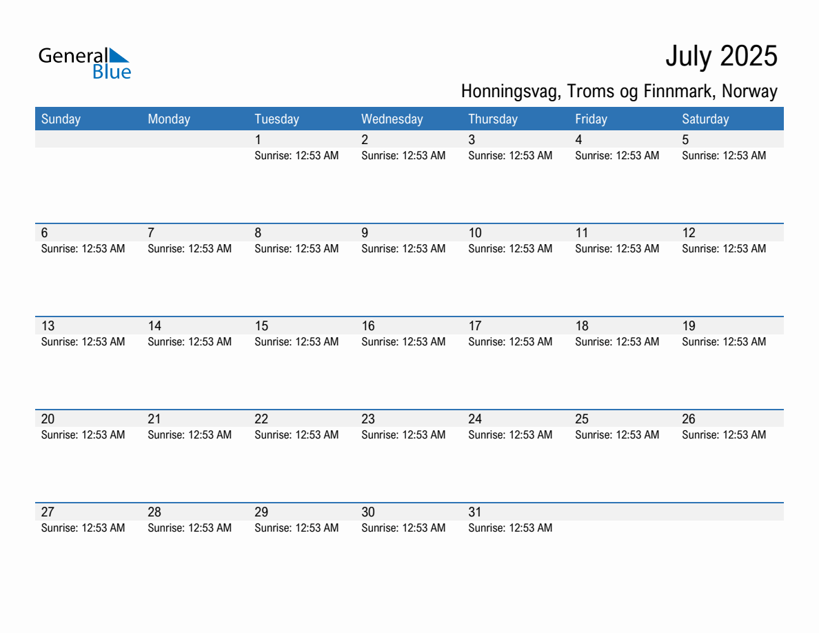 July 2025 sunrise and sunset calendar for Honningsvag