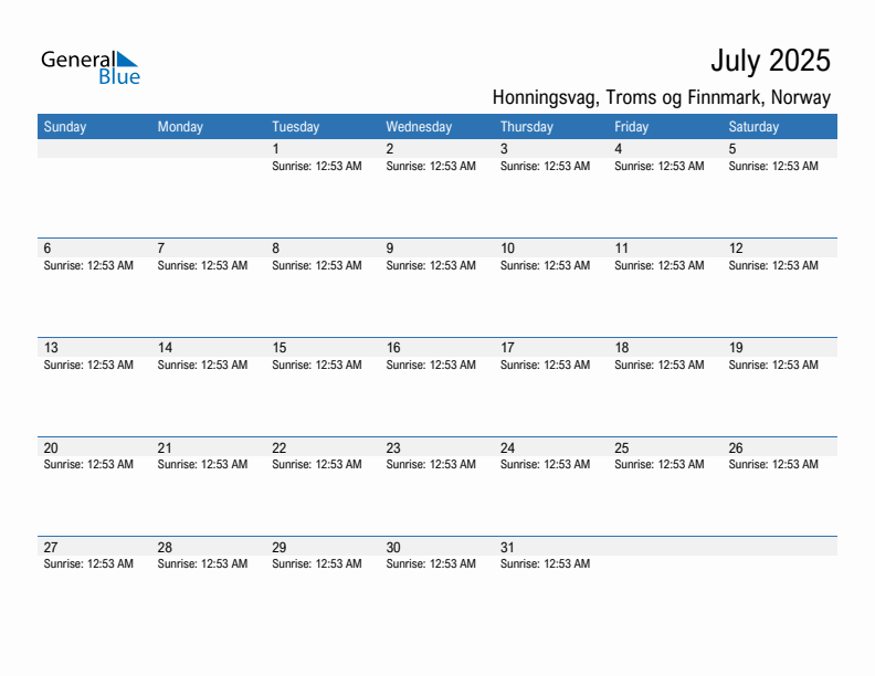 Honningsvag July 2025 sunrise and sunset calendar in PDF, Excel, and Word
