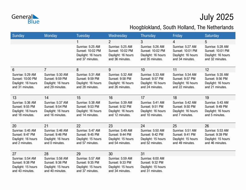 Hoogblokland July 2025 sunrise and sunset calendar in PDF, Excel, and Word
