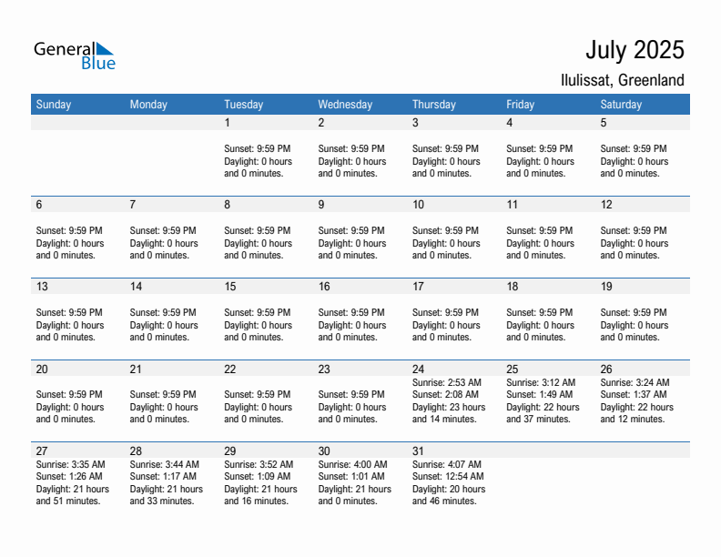 Ilulissat July 2025 sunrise and sunset calendar in PDF, Excel, and Word