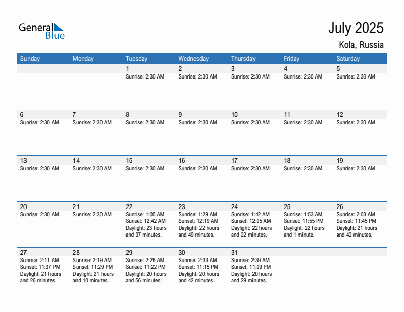Kola July 2025 sunrise and sunset calendar in PDF, Excel, and Word