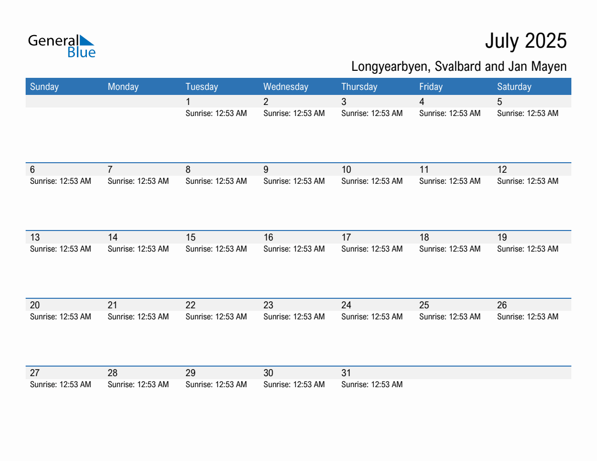 July 2025 sunrise and sunset calendar for Longyearbyen