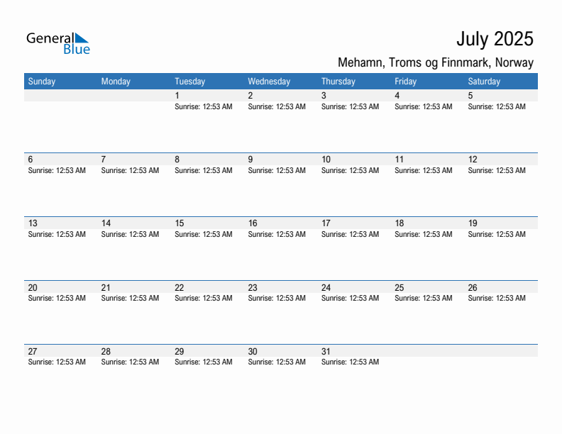 Mehamn July 2025 sunrise and sunset calendar in PDF, Excel, and Word
