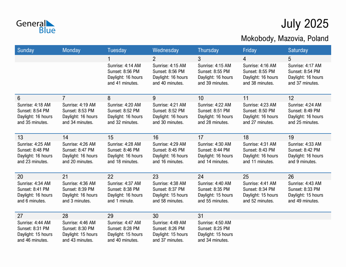July 2025 sunrise and sunset calendar for Mokobody