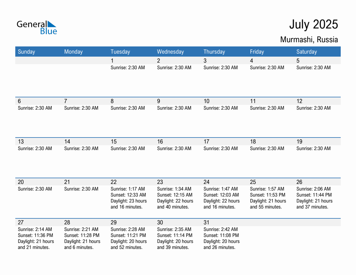 July 2025 sunrise and sunset calendar for Murmashi