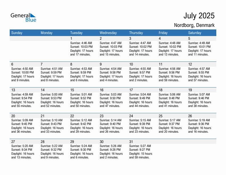 Nordborg July 2025 sunrise and sunset calendar in PDF, Excel, and Word