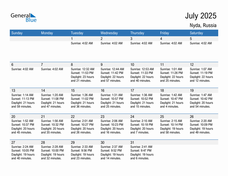 Nyda July 2025 sunrise and sunset calendar in PDF, Excel, and Word