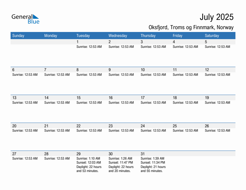 Oksfjord July 2025 sunrise and sunset calendar in PDF, Excel, and Word