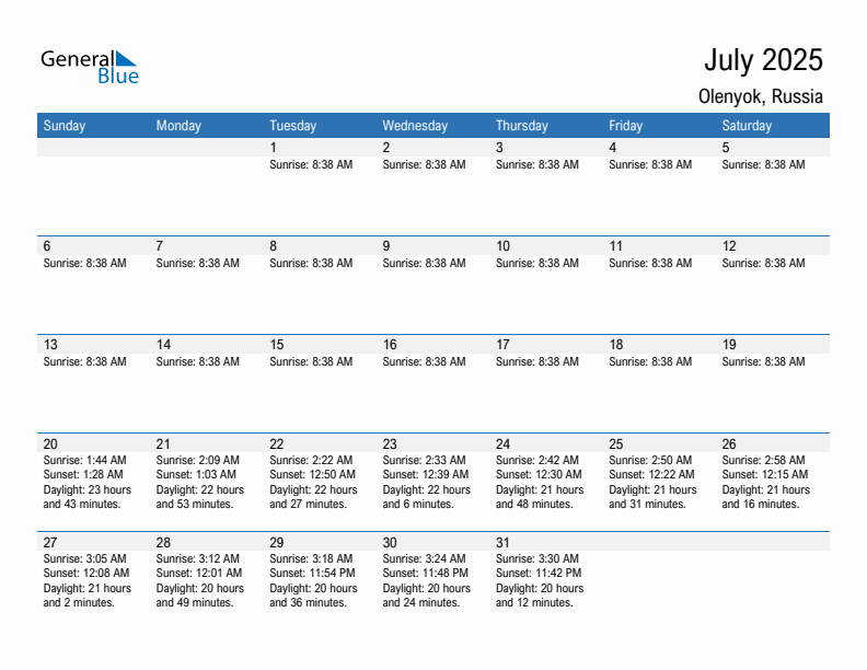 Olenyok July 2025 sunrise and sunset calendar in PDF, Excel, and Word