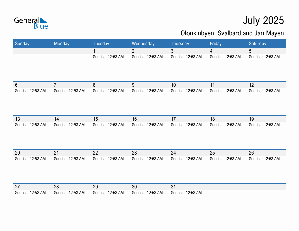 July 2025 sunrise and sunset calendar for Olonkinbyen