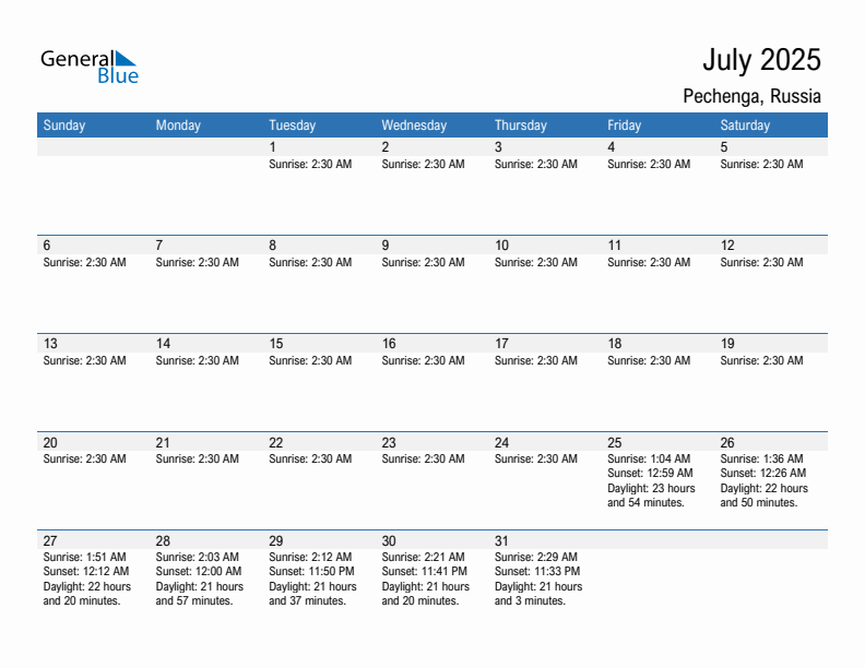 Pechenga July 2025 sunrise and sunset calendar in PDF, Excel, and Word
