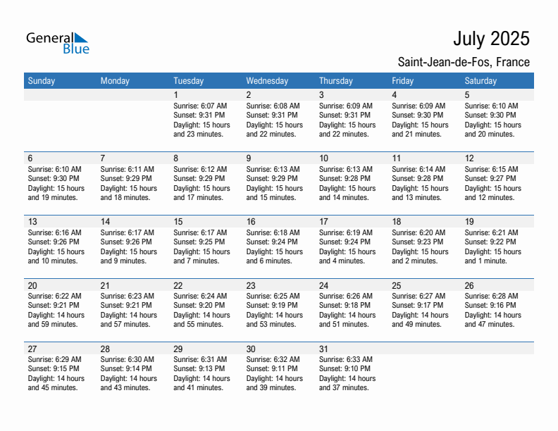 Saint-Jean-de-Fos July 2025 sunrise and sunset calendar in PDF, Excel, and Word