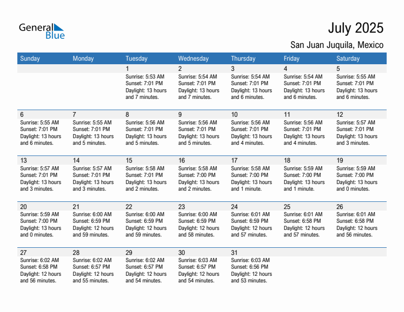 San Juan Juquila July 2025 sunrise and sunset calendar in PDF, Excel, and Word