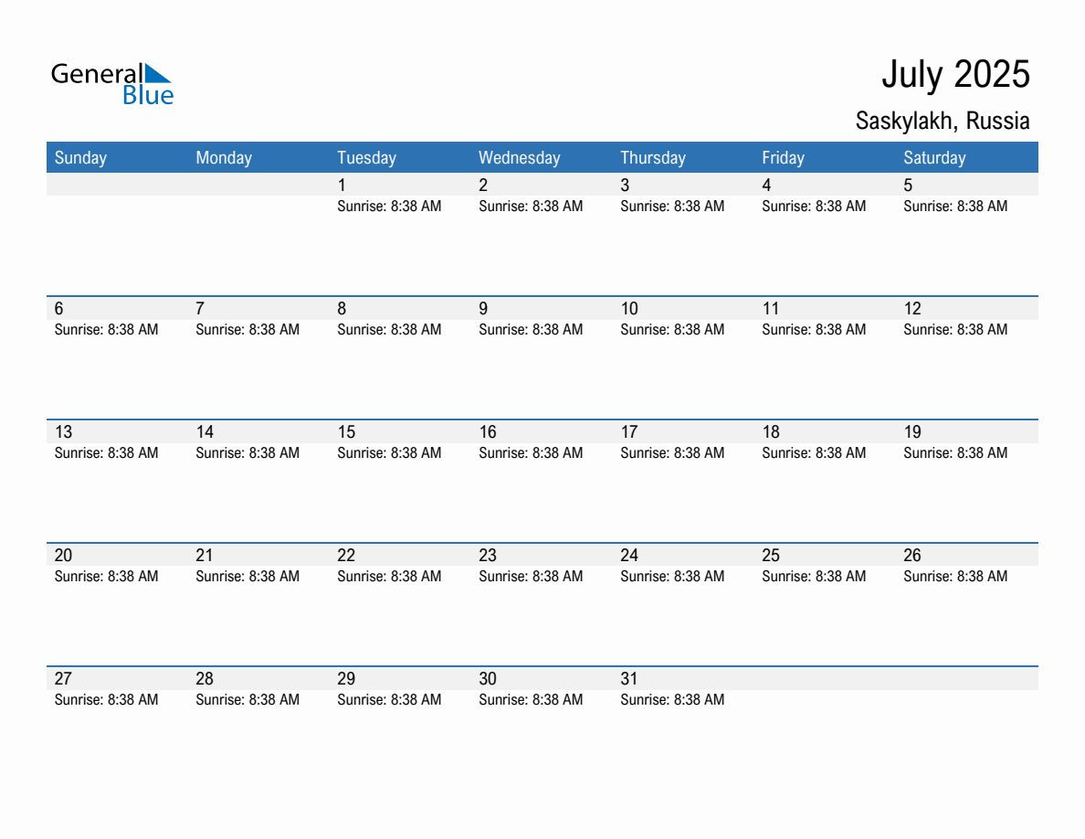 July 2025 sunrise and sunset calendar for Saskylakh
