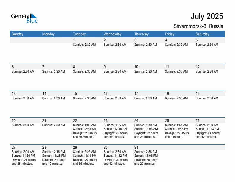 Severomorsk-3 July 2025 sunrise and sunset calendar in PDF, Excel, and Word