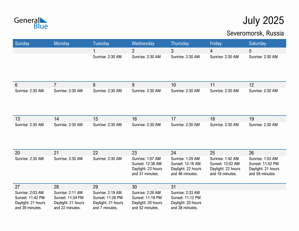 July 2025 sunrise and sunset calendar for Severomorsk