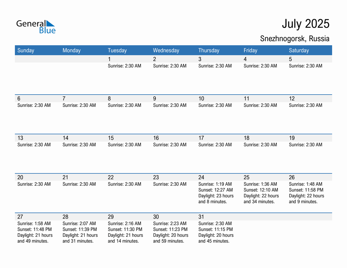 July 2025 sunrise and sunset calendar for Snezhnogorsk