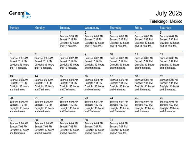 Tetelcingo July 2025 sunrise and sunset calendar in PDF, Excel, and Word