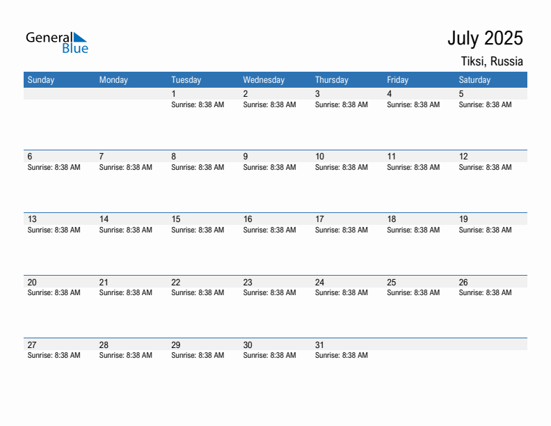 Tiksi July 2025 sunrise and sunset calendar in PDF, Excel, and Word