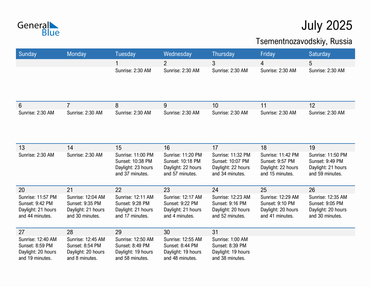 July 2025 sunrise and sunset calendar for Tsementnozavodskiy