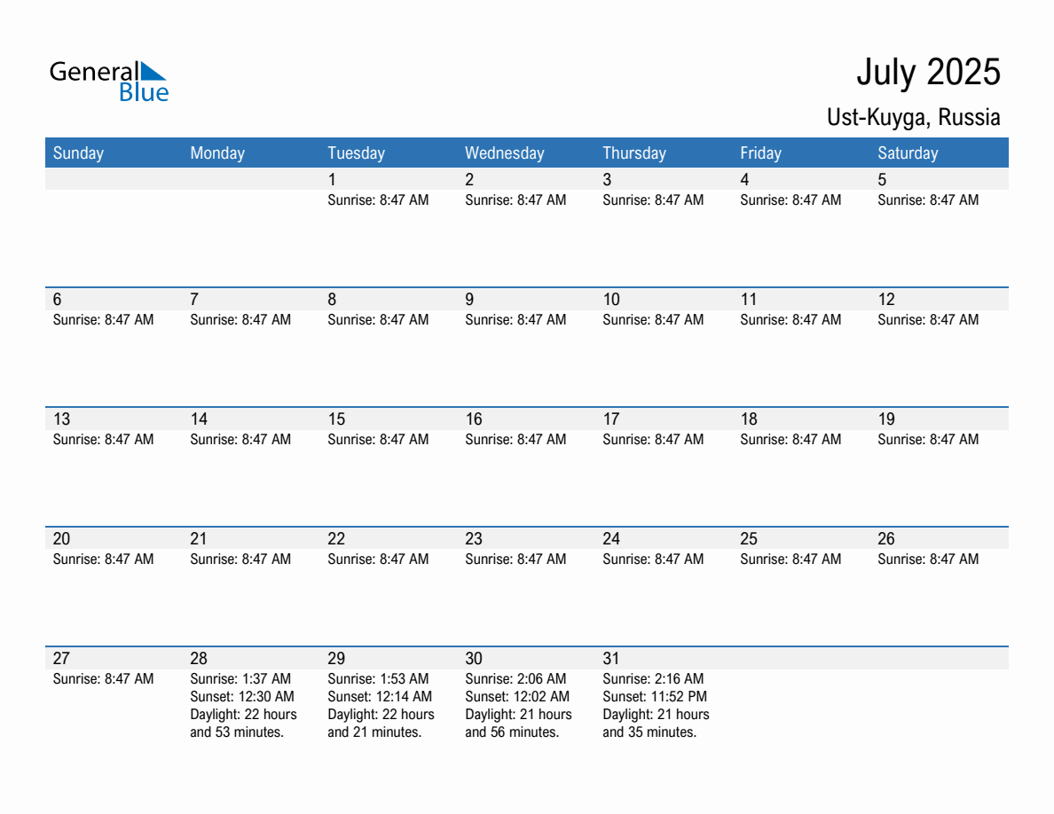 July 2025 sunrise and sunset calendar for Ust-Kuyga