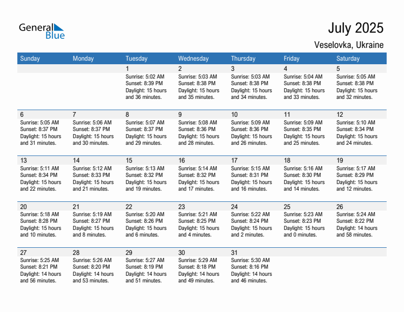 Veselovka July 2025 sunrise and sunset calendar in PDF, Excel, and Word