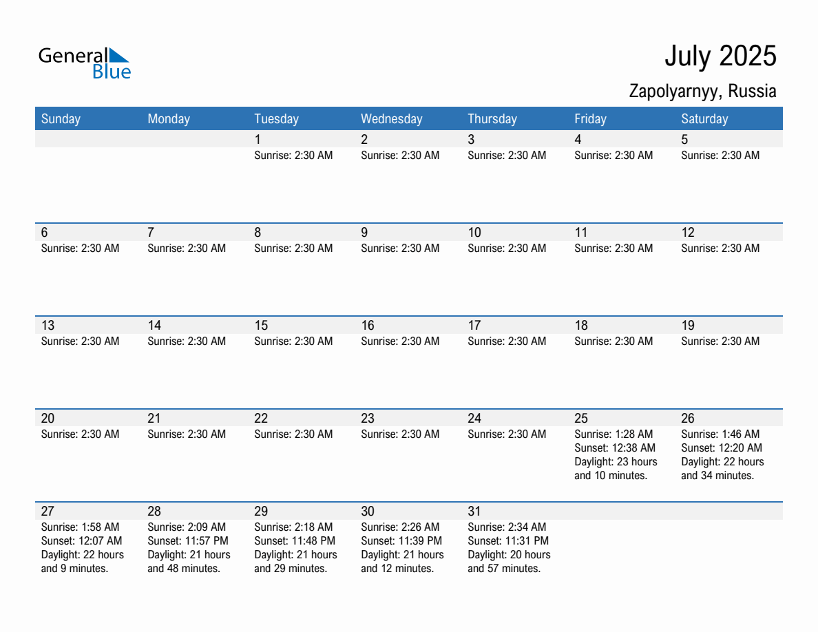 July 2025 sunrise and sunset calendar for Zapolyarnyy